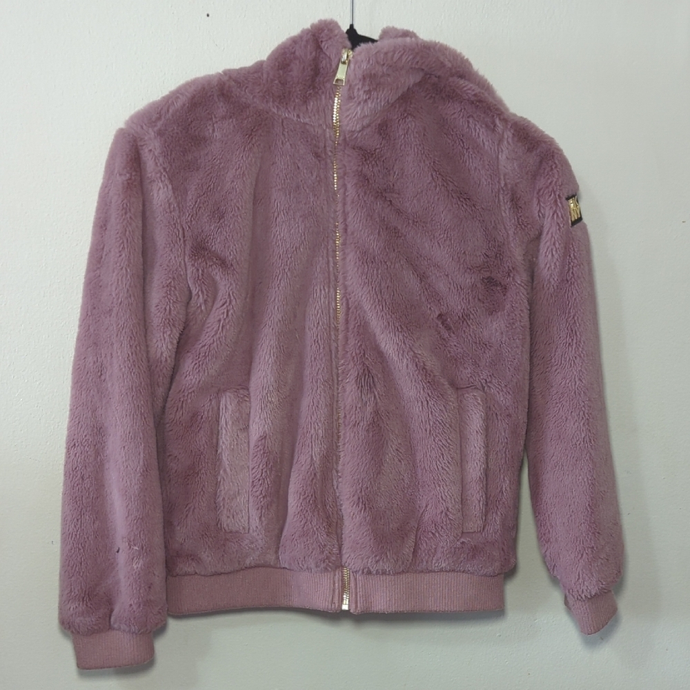 DKNY Plush Full-Zip Hoodie Mauve Pink + Gold Faux Fur Girls Size 10/12